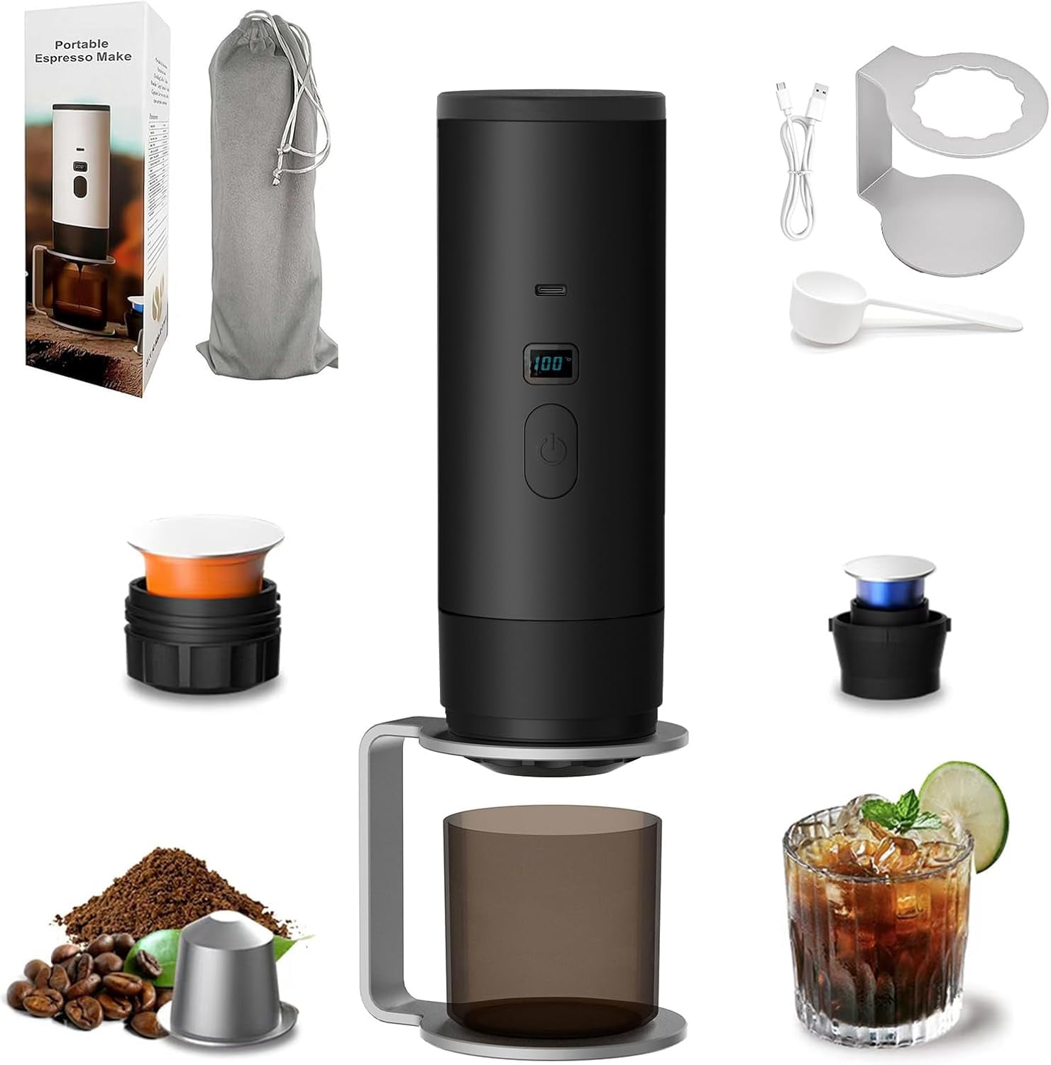 3-in-1 Portable Coffee Maker, Portable Espresso Machine with LED Display and 90ml Sink, Compatible with Ground Coffee & Capsules for RV, Hiking, Office, Auto-Heating, USB-C (Black)