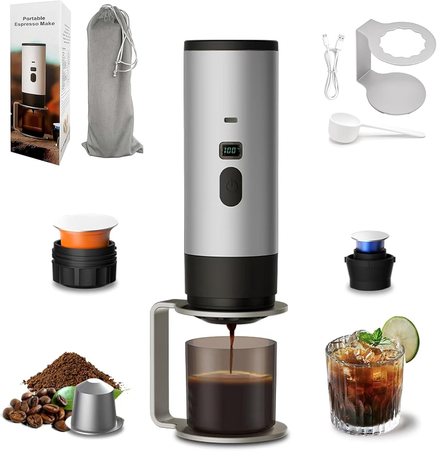 3-in-1 Portable Coffee Maker, Portable Espresso Machine with LED Display and 90ml Sink, Compatible with Ground Coffee & Capsules for RV, Hiking, Office, Auto-Heating, USB-C (Gray)
