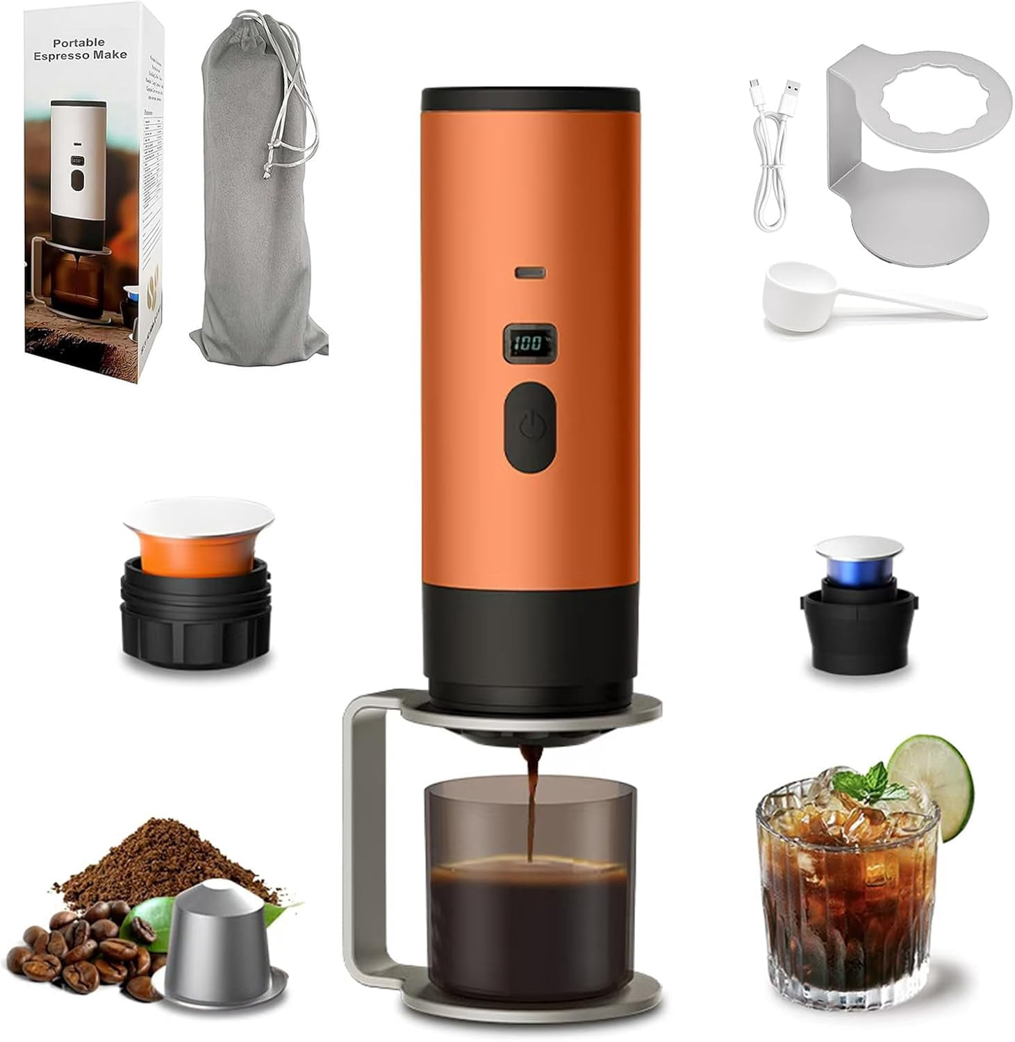 3-in-1 Portable Coffee Maker, Portable Espresso Machine with LED Display and 90ml Sink, Compatible with Ground Coffee & Capsules for RV, Hiking, Office, Auto-Heating, USB-C (Orange)