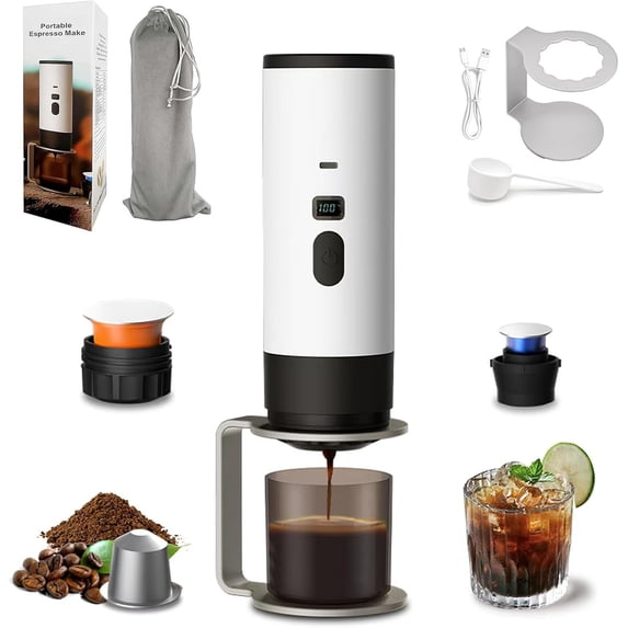 3-in-1 Portable Coffee Maker, Portable Espresso Machine with LED Display and 90ml Sink, Compatible with Ground Coffee & Capsules for RV, Hiking, Office, Auto-Heating, USB-C (White)