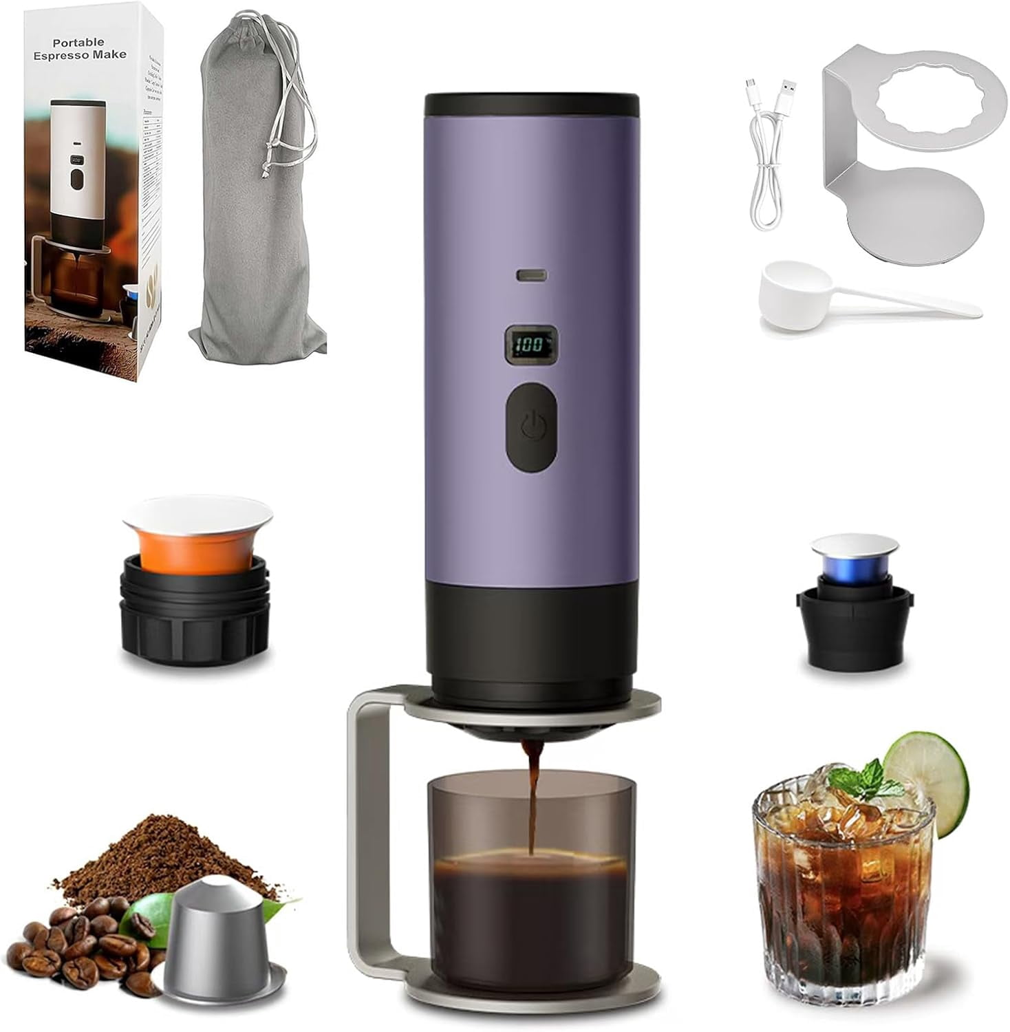 3-in-1 Portable Coffee Maker, Portable Espresso Machine with LED Display and 90ml Sink, Travel Coffee Maker Self-Heating Compatible with Ground Coffee & Capsules for RV, Office (Purple)