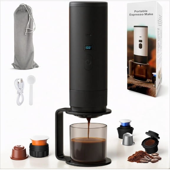 3-in-1 Portable Coffee Maker for Travel – Mini Espresso Machine On the Go, Self‑Heating Compatible with Ground Coffee & K‑Cup, for Car, Hiking, Camping, Office