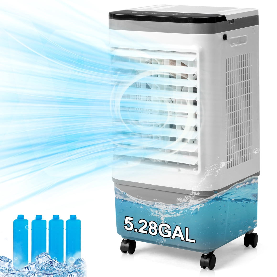 3-in-1 Portable Evaporative Cooler 720R, 461CFM Airflow with 5.28Gal Tank & Ice Packs, 40° Oscillation for 215 Sq Ft, Remote Control & Wheels, Indoor/Outdoor Use, Gray White