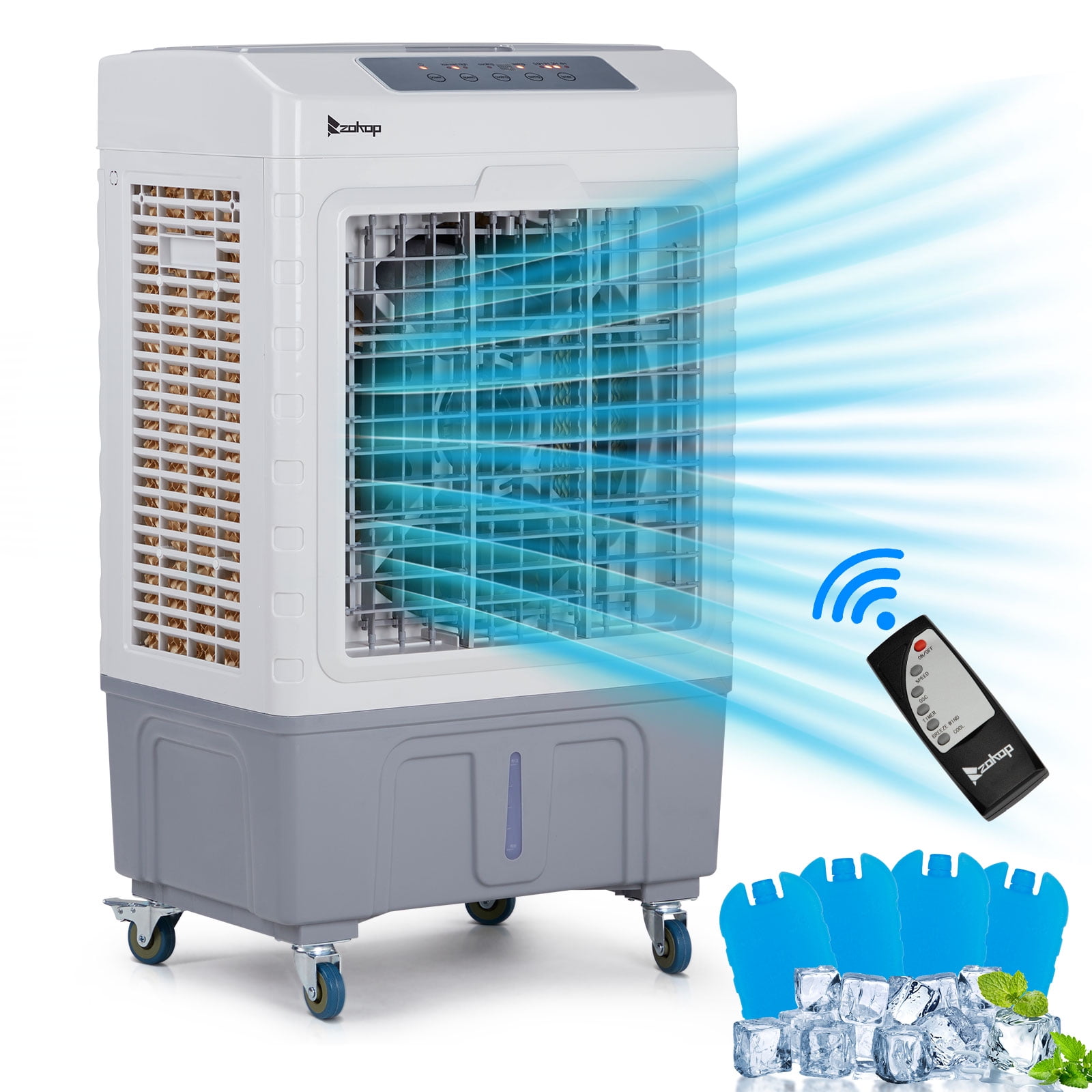3 in 1 Portable Evaporative Cooler, Personal Air Cooler with Remote Control, 10.57 Gal Large Water Tank & Scroll Casters, 4 Ice Packs, White and Gray