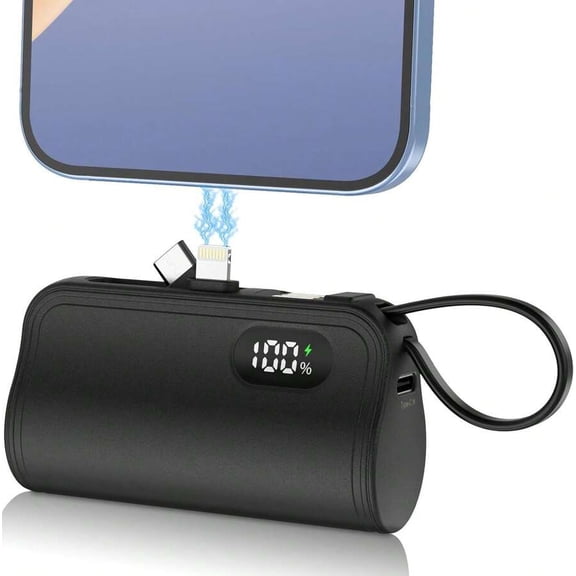 3-in-1 Portable Power Bank with Hidden Plug, Phone Stand, LCD Display, 5000mAh, Self-Charging Cable, Dual Rotating Plugs for All Devices