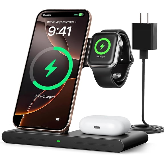 3-in-1 Portable Wireless Charging Station Fast Qi-Enabled Travel Charger Stand Compatible with iPhone 17/16/15/14/13/12 Series, Apple Watch Ultra/9/8/7/SE, AirPods 4/3/2/Pro, and Samsung Galaxy S25/S