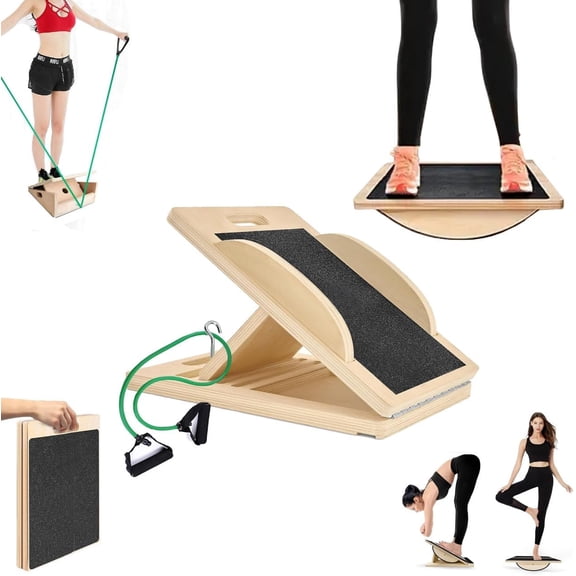 3-in-1 Portable Wooden Slant Board, Board & Resistance Band - 5 Incline Angles -Incline Board - Slant board for exercise, Squats, Physical - Anti-Slip Surface, Portable, Metal Hook