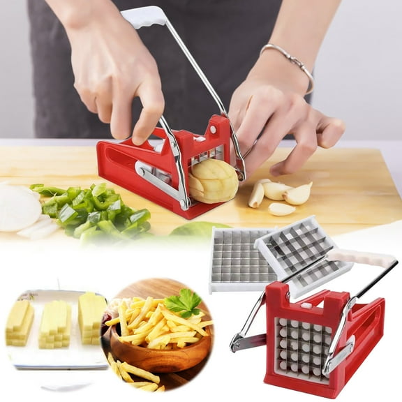 3-in-1 Potato Chipper & Vegetable Dicer | Manual French Fry Cutter with 2 Interchangeable Stainless Steel Blades | Red Plastic Food Prep Tool for Kitchen Snacks
