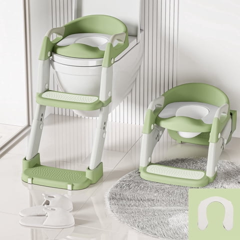 3-in-1 Potty Training Seat & Training Toilet & Potty Chair, Height Adjustable Toddler Toilet Seat for Kids Boys Girls, Foldable Potty Training Toilet with Splash Guard and Anti-Slip Steps, Green