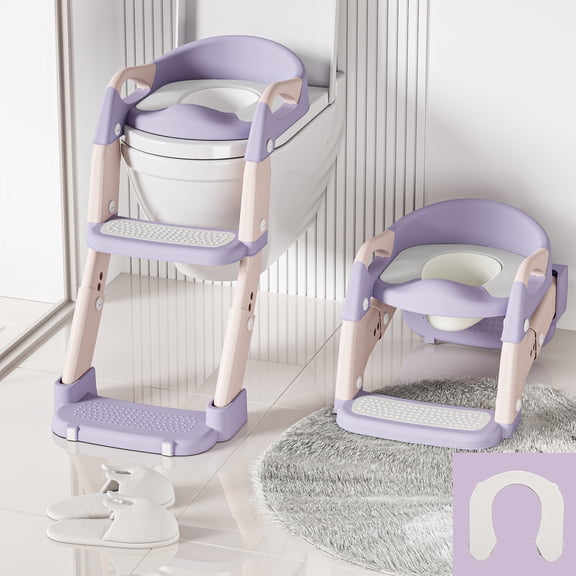 3-in-1 Potty Training Seat & Training Toilet & Potty Chair, Height Adjustable Toddler Toilet Seat for Kids Boys Girls, Foldable Potty Training Toilet with Splash Guard and Anti-Slip Steps, Purple
