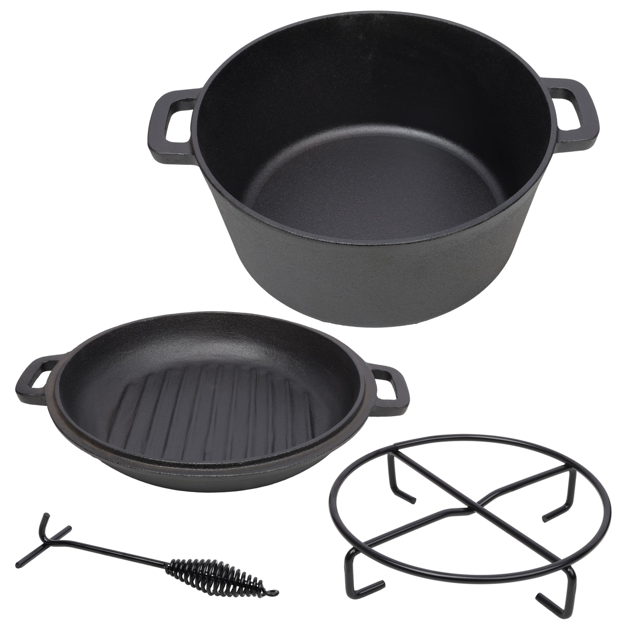 3-in-1 Pre-Seasoned Cast Iron Dutch Oven with Ribbed Skillet Lid and Pot Rack, 5-Quart Camping Cookware, Black