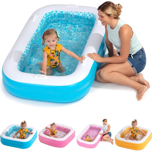 3-in-1 Premium Inflatable Kiddie Pool, Ball Pit & Tanning Pool, Soft Cushioned Floor, Handles, Drain, Shallow Rectangular Blow Up Swimming Pool for Kids, Small Backyard Tanning Pool