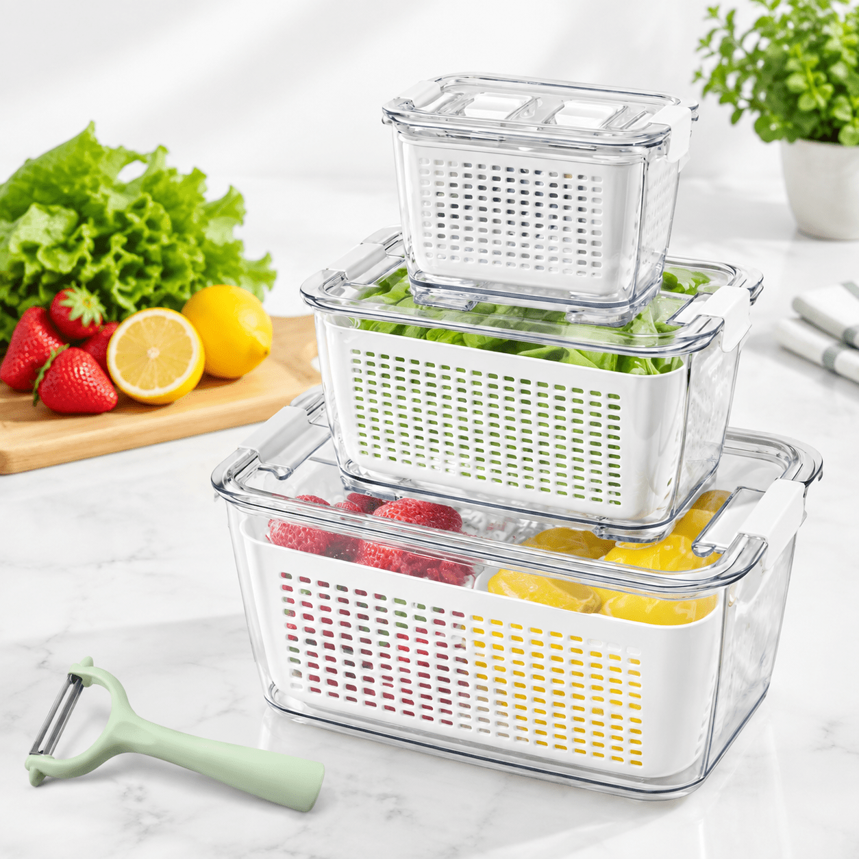 3-in-1 Produce Strainer Colander Storage Container Set of 3, Fridge ...
