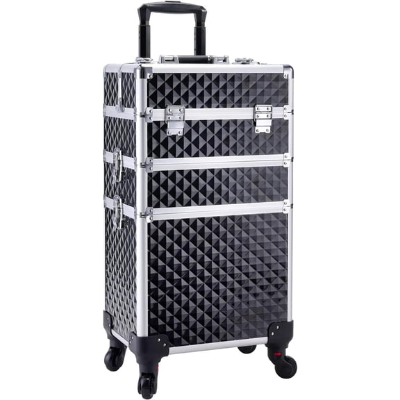 3 in 1 Professional Rolling Makeup Case Trolley Case with 360? Rotation Wheels for Makuep Artist Suitcase Organizer with Lock and Key - Black