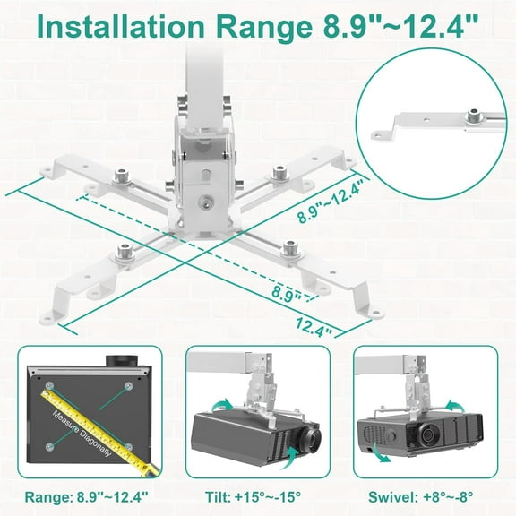 3-in-1 Projector Mount Ceiling/Wall Bracket with Adjustable Pole, Supports  to 44lbs, White