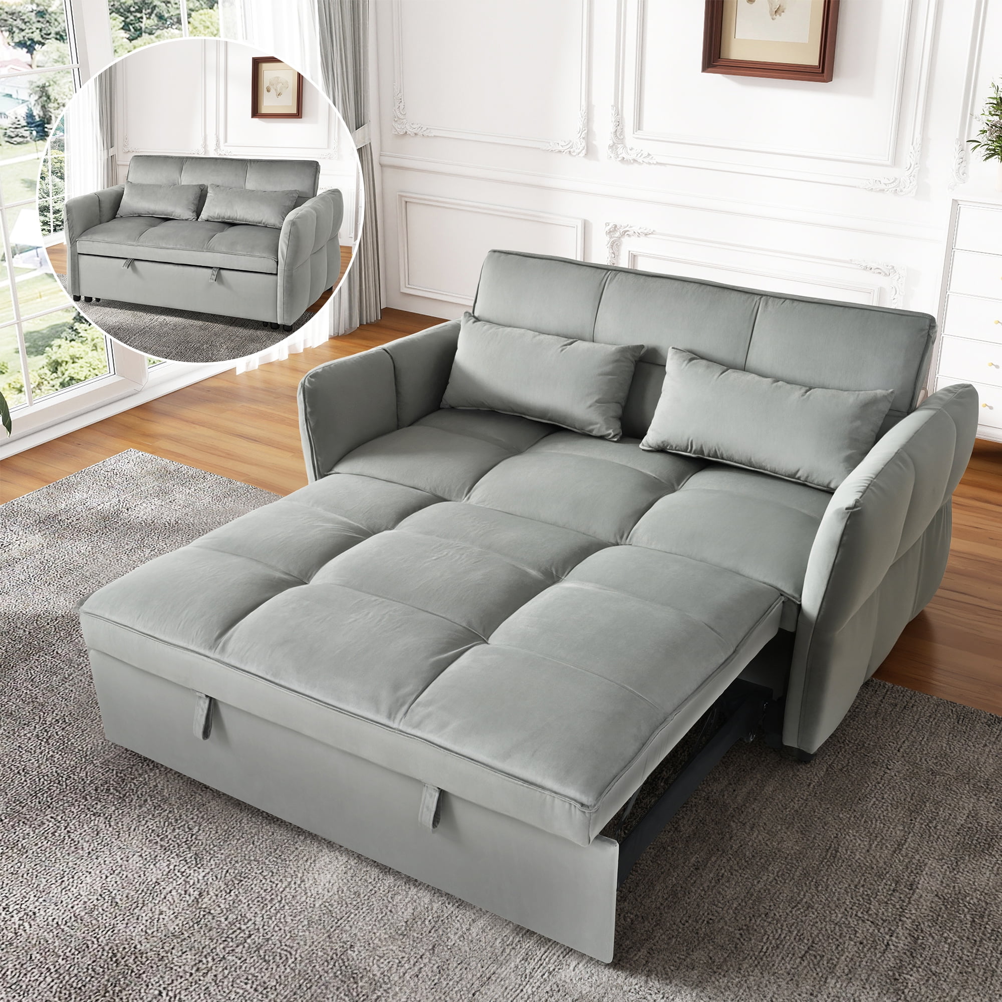 3-in-1 Pull Out Couch Bed with Reclining Backrest and Pillows Dark Grey Velvet Convertible Sleeper Sofa for Living Room Bedroom Apartment Small Spaces