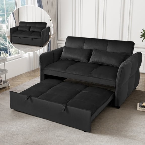3-in-1 Pull Out Couch Bed with Reclining Backrest and Pillows, Velvet Material, Suitable for Living Rooms, Bedrooms, Apartments and Small Spaces (Black)