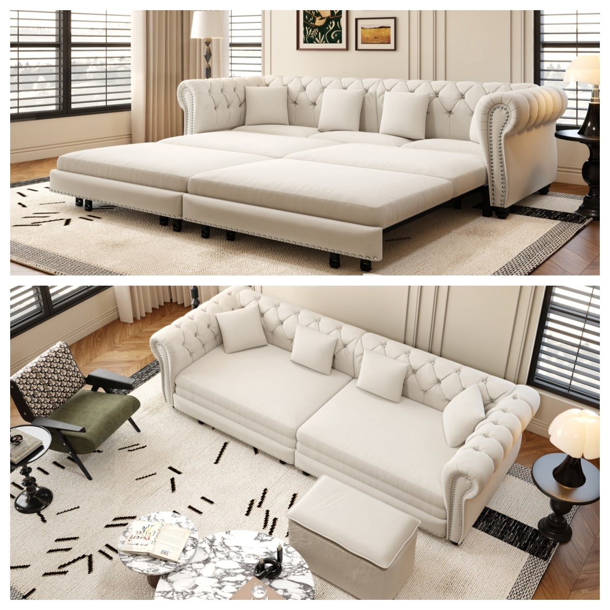 3-in-1 Pull-Out Sofa Bed, 89'' Chesterfield Sofa, Convertible Sleeper Sofa Bed, King Size Sofa Bed, Chaise Lounge, Tufted Design Velvet 3-Seater Sofa with Movable Ottoman