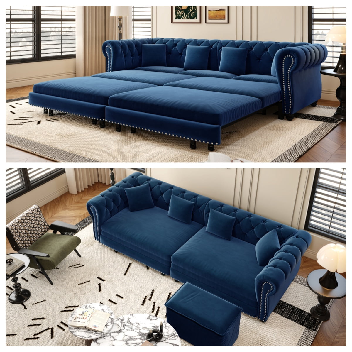 3-in-1 Pull-Out Sofa Bed, 89'' Chesterfield Sofa, Convertible Sleeper Sofa Bed, King Size Sofa Bed, Chaise Lounge, Tufted Design Velvet 3-Seater Sofa with Movable Ottoman