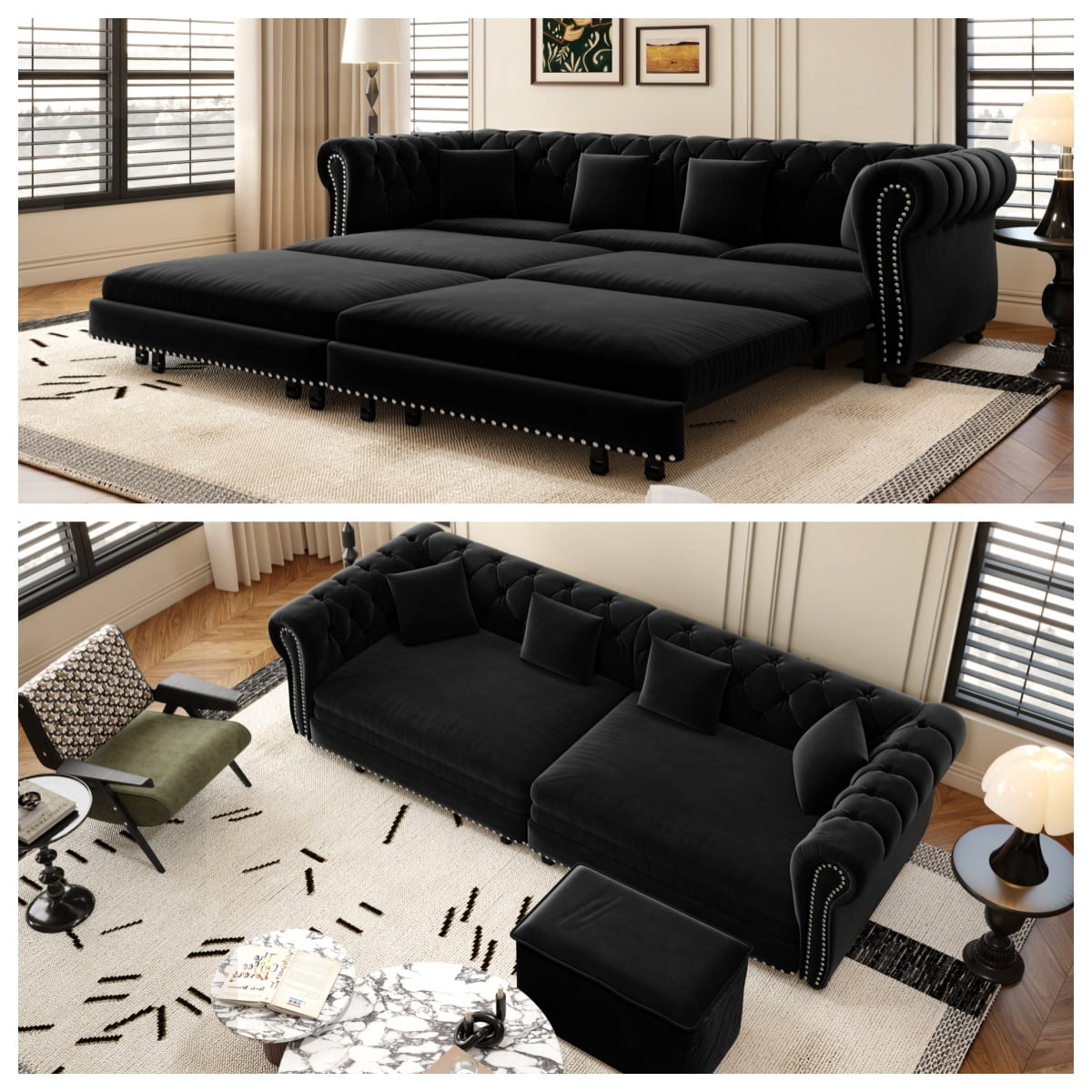 3-in-1 Pull-Out Sofa Bed, 89'' Chesterfield Sofa, Convertible Sleeper Sofa Bed, King Size Sofa Bed, Chaise Lounge, Tufted Design Velvet 3-Seater Sofa with Movable Ottoman