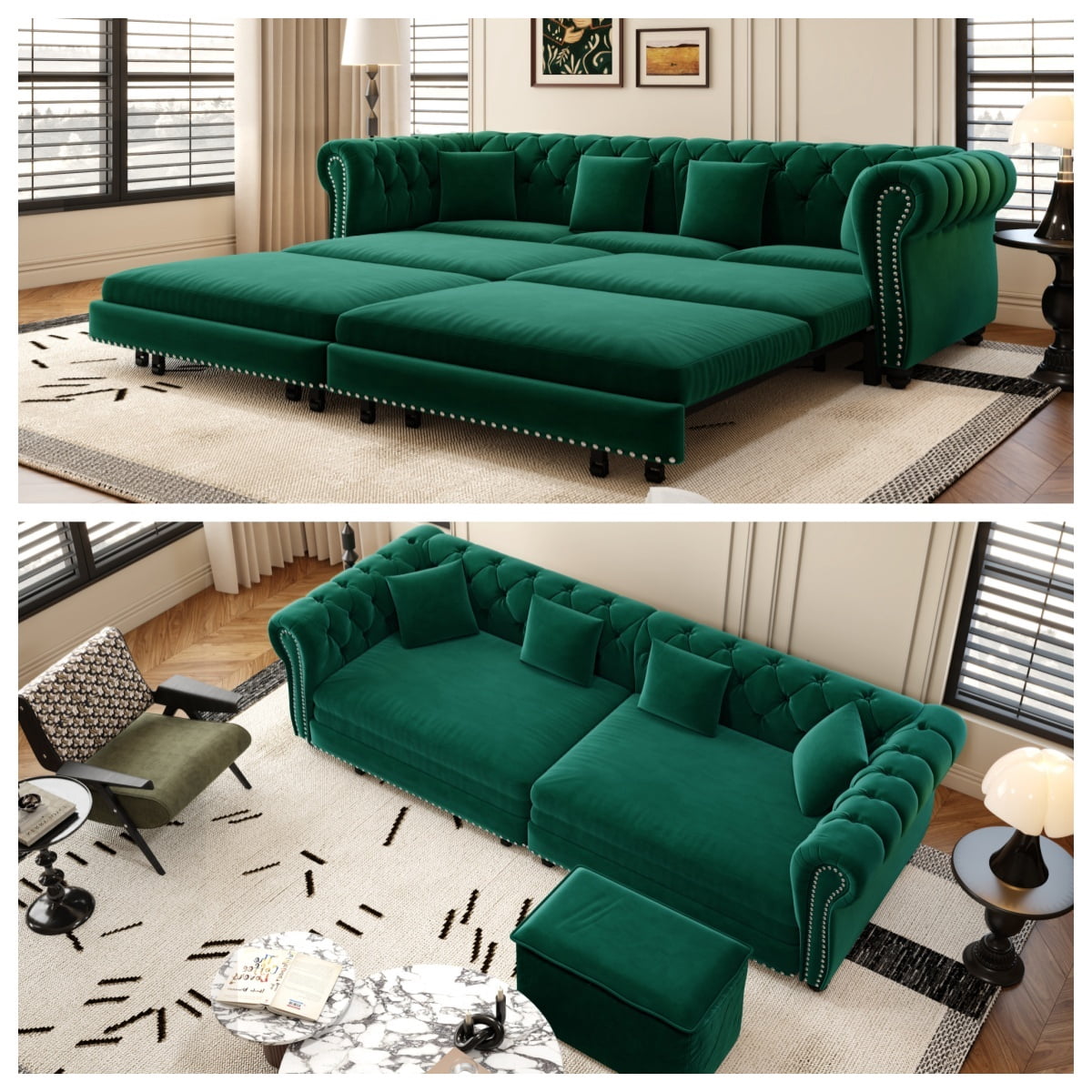 3-in-1 Pull-Out Sofa Bed, 89'' Chesterfield Sofa, Convertible Sleeper Sofa Bed, King Size Sofa Bed, Chaise Lounge, Tufted Design Velvet 3-Seater Sofa with Movable Ottoman