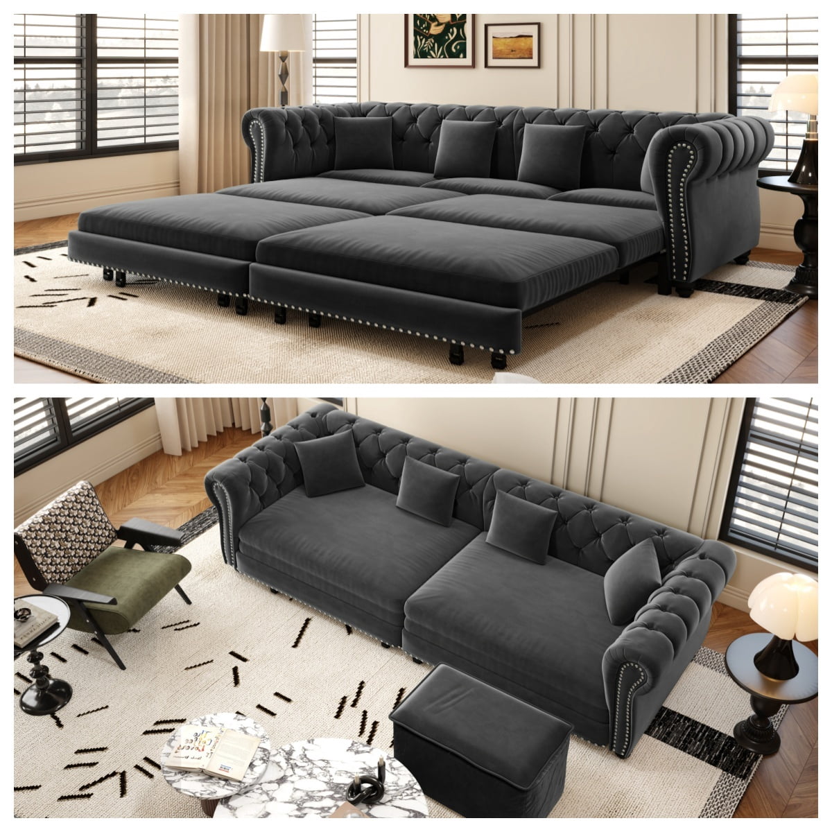 3-in-1 Pull-Out Sofa Bed, 89'' Chesterfield Sofa, Convertible Sleeper Sofa Bed, King Size Sofa Bed, Chaise Lounge, Tufted Design Velvet 3-Seater Sofa with Movable Ottoman