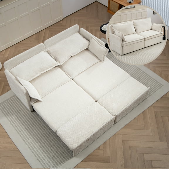 3-in-1 Pull Out Sofa Bed with Side Storage & USB Ports, White Corduroy Convertible Sleeper for Small Spaces