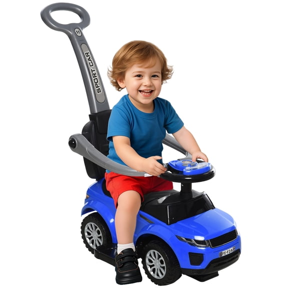 3 in 1 Push Car for Toddlers, Ride-On Stroller Sliding Car with Horn Music Light & Secure Bar, Blue