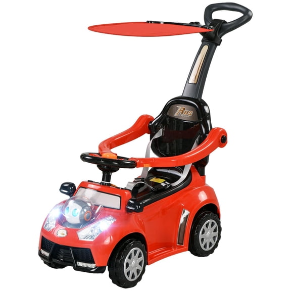 3 in 1 Push Sliding Car with Removable Handle Music Horn Canopy Safety Guardrail Red