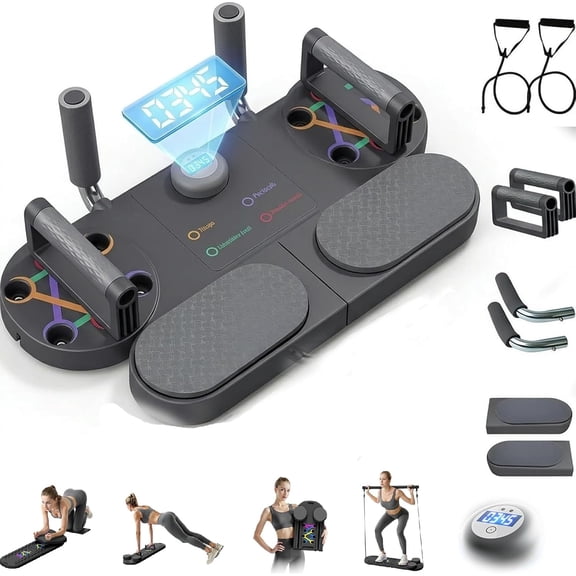 3-in-1 Push-Up Board & Resistance Band Trainer for Home Gym, Non-Slip Ergonomic Design with Thickened Elbow Pads, Pushup Handles & Reps Timer for Chest, Shoulder, Arms & Core(RL Black 1 PC)