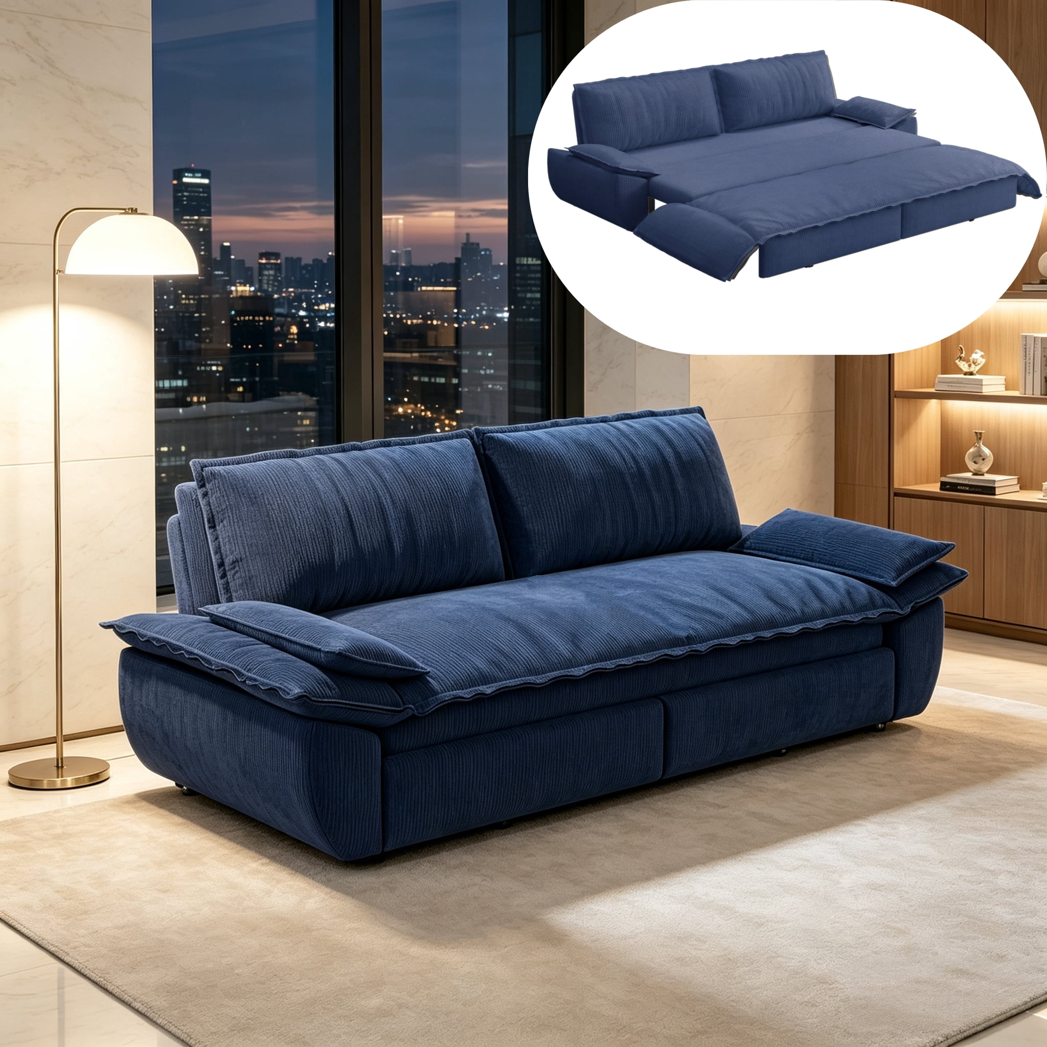 3-in-1 Queen Convertible Sleeper Sofa Bed, 73.2" Corduroy Pull Out Couch with Extra Deep Seat & Pillow Top Armrests, Modern Folding Futon Lounge, Blue