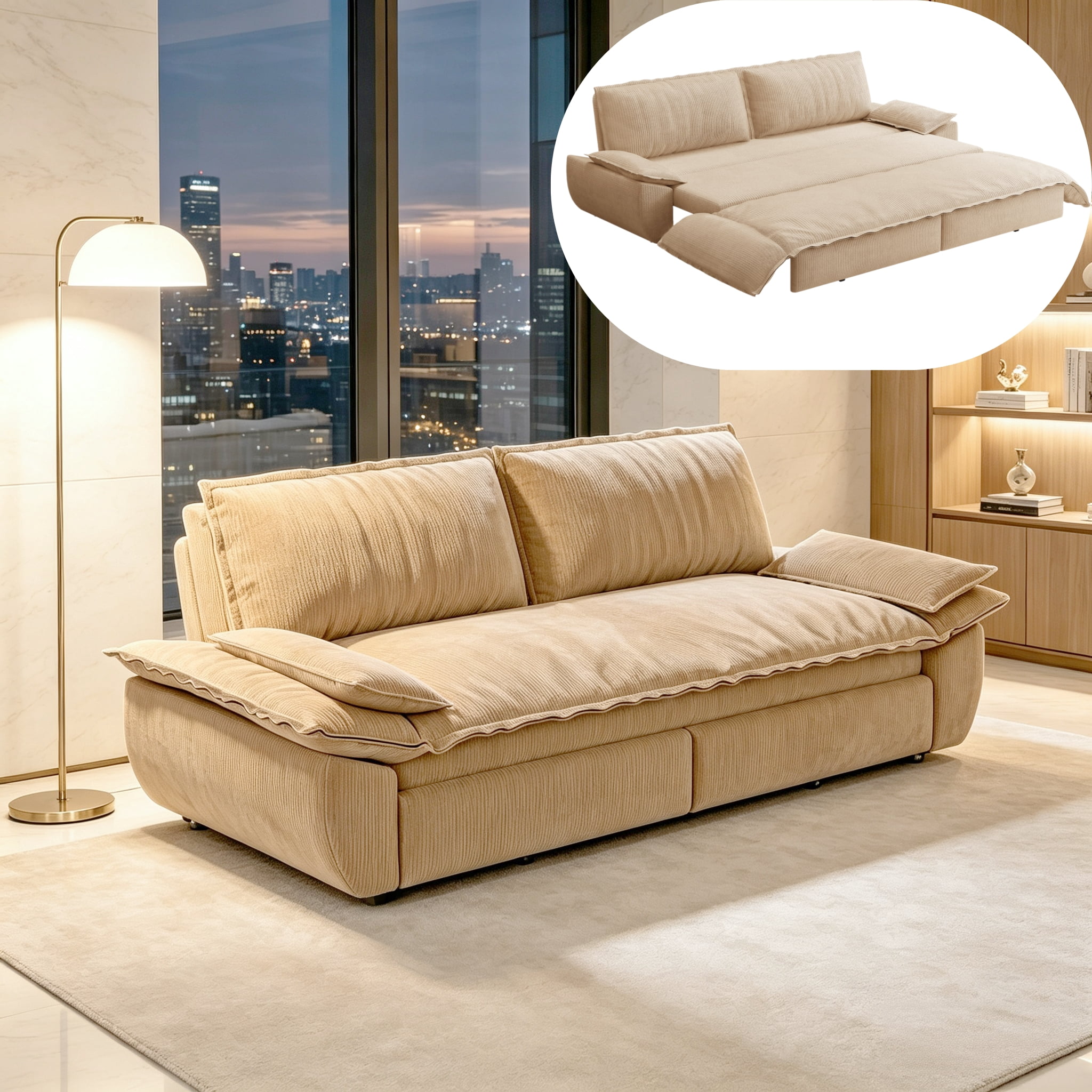 3-in-1 Queen Convertible Sleeper Sofa Bed, 73.2" Corduroy Pull Out Couch with Extra Deep Seat & Pillow Top Armrests, Modern Folding Futon Lounge, Camel