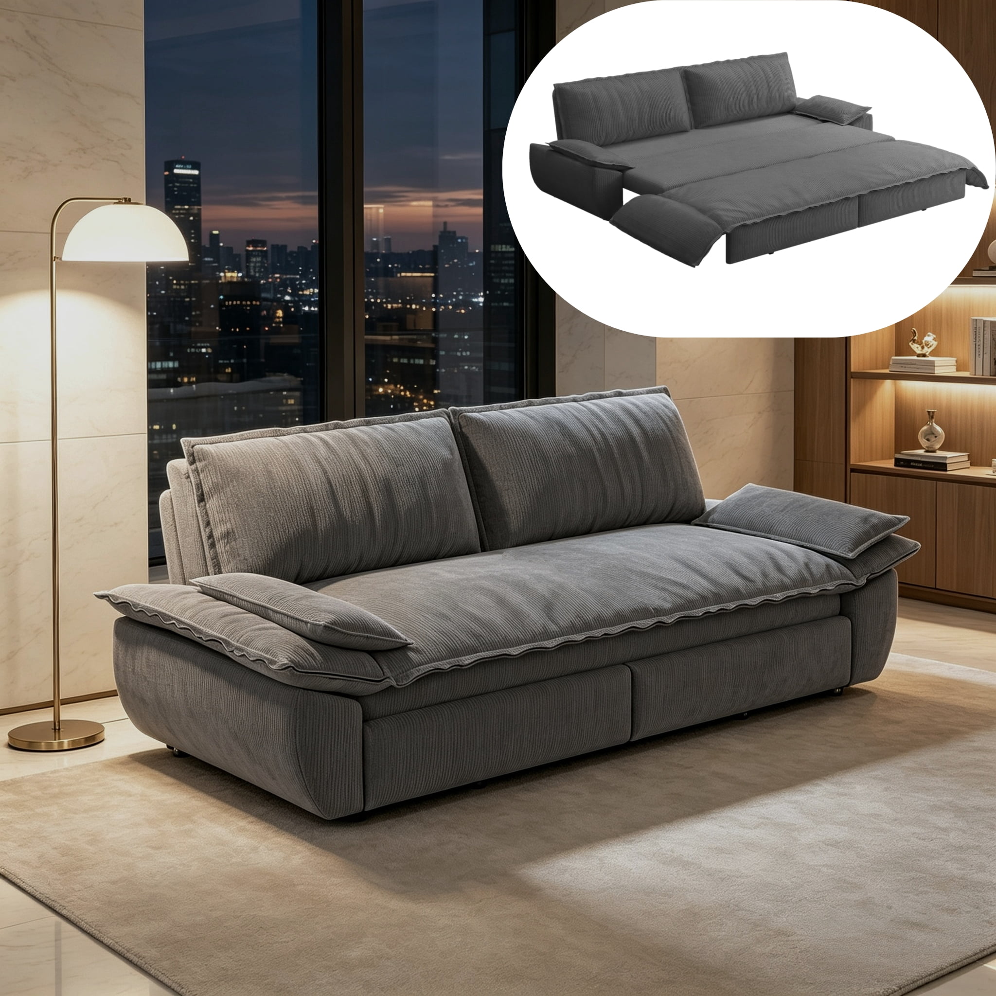 3-in-1 Queen Convertible Sleeper Sofa Bed, 73.2" Corduroy Pull Out Couch with Extra Deep Seat & Pillow Top Armrests, Modern Folding Futon Lounge, Dark Grey