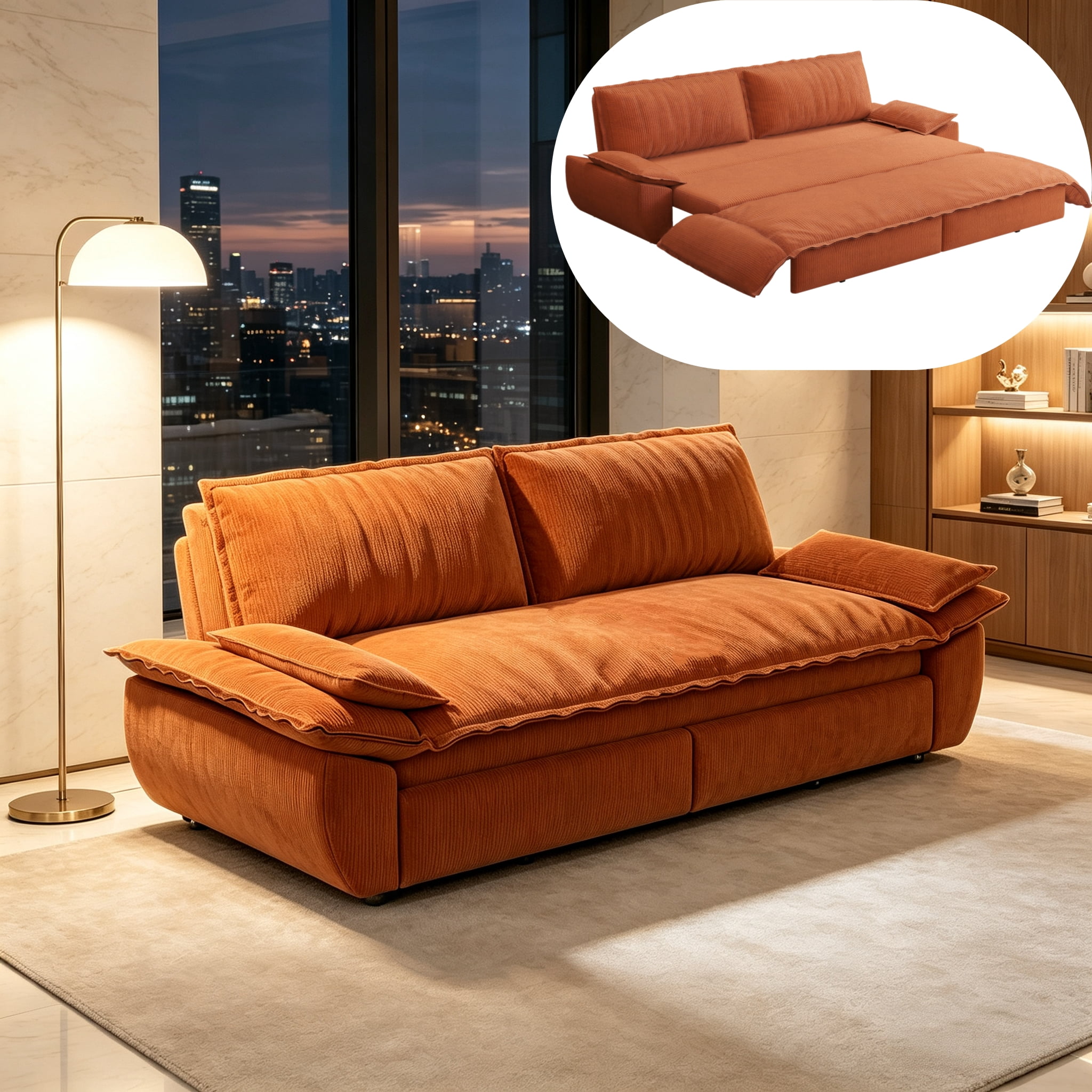 3-in-1 Queen Convertible Sleeper Sofa Bed, 73.2" Corduroy Pull Out Couch with Extra Deep Seat & Pillow Top Armrests, Modern Folding Futon Lounge, Orange