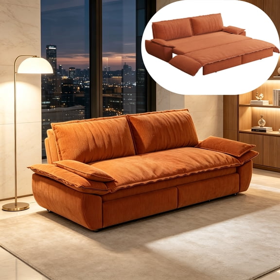 3-in-1 Queen Convertible Sleeper Sofa Bed, 73.2" Corduroy Pull Out Couch with Extra Deep Seat & Pillow Top Armrests, Modern Folding Futon Lounge, Orange