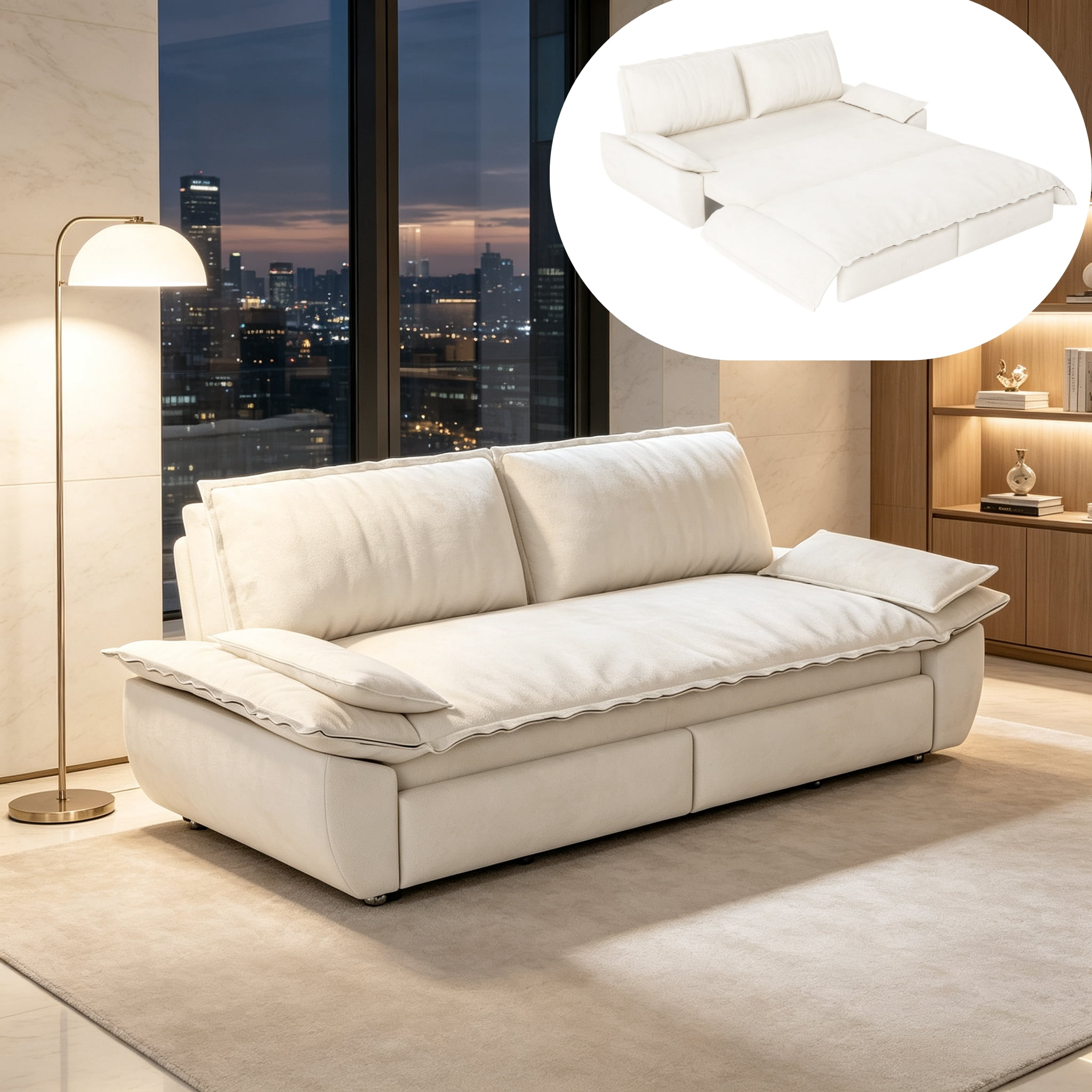 3-in-1 Queen Convertible Sleeper Sofa Bed, 73.2" Velvet Pull Out Couch with Extra Deep Seat & Pillow Top Armrests, Modern Folding Futon Lounge, Beige