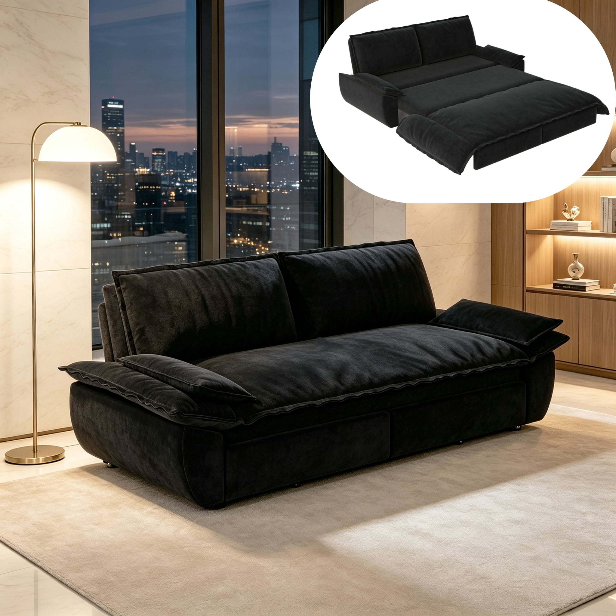 3-in-1 Queen Convertible Sleeper Sofa Bed, 73.2" Velvet Pull Out Couch with Extra Deep Seat & Pillow Top Armrests, Modern Folding Futon Lounge, Black