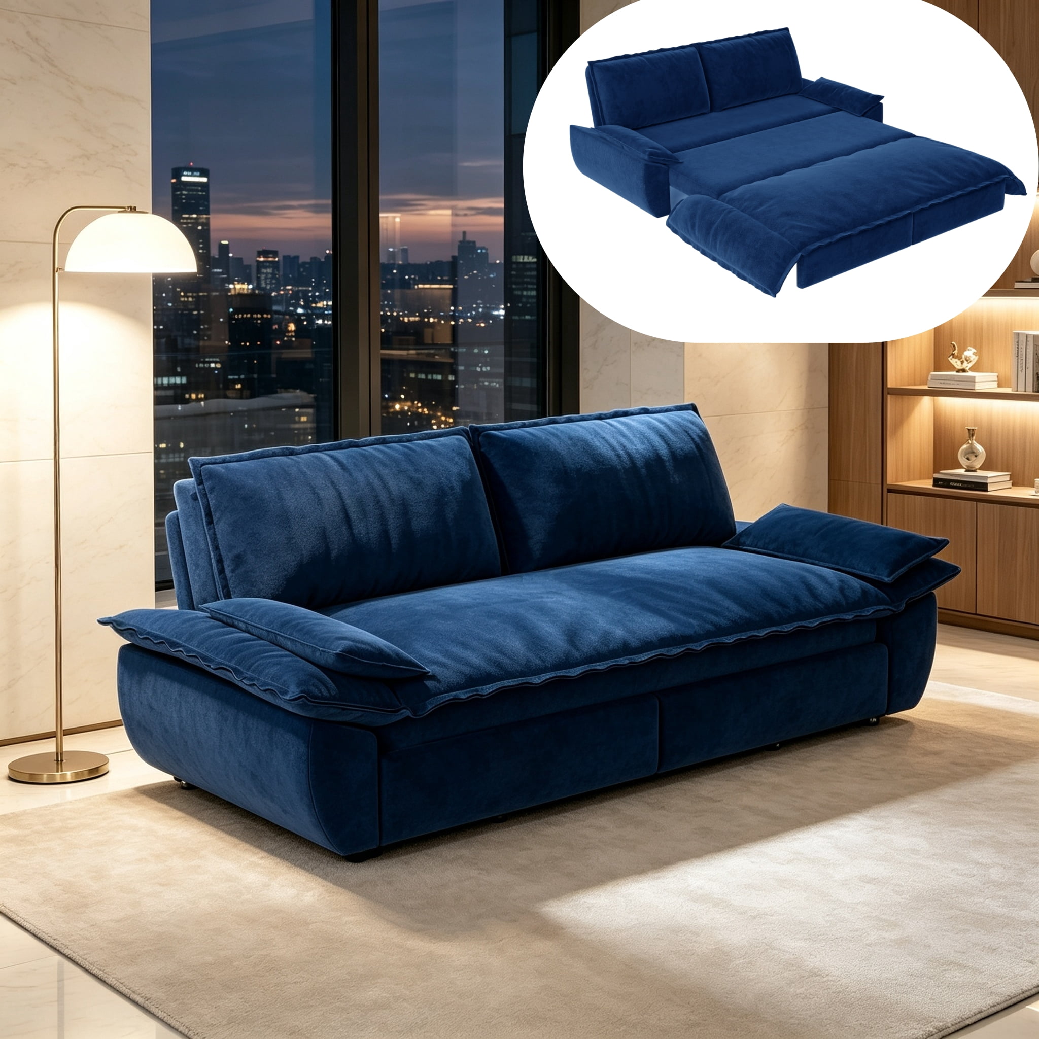 3-in-1 Queen Convertible Sleeper Sofa Bed, 73.2" Velvet Pull Out Couch with Extra Deep Seat & Pillow Top Armrests, Modern Folding Futon Lounge, Blue
