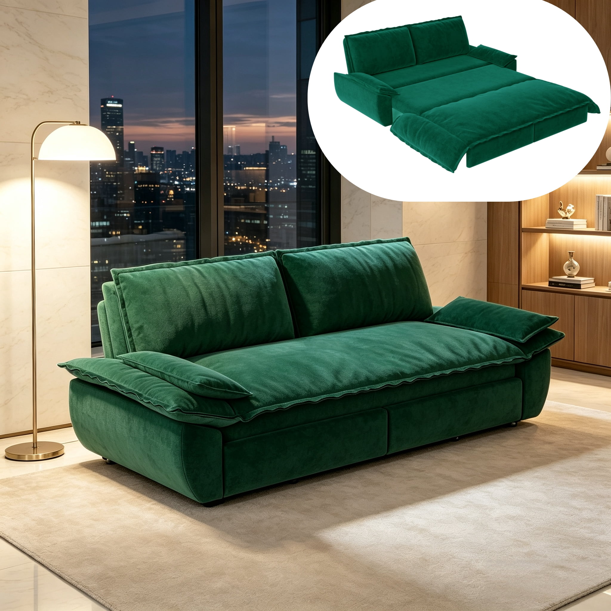 3-in-1 Queen Convertible Sleeper Sofa Bed, 73.2" Velvet Pull Out Couch with Extra Deep Seat & Pillow Top Armrests, Modern Folding Futon Lounge, Green