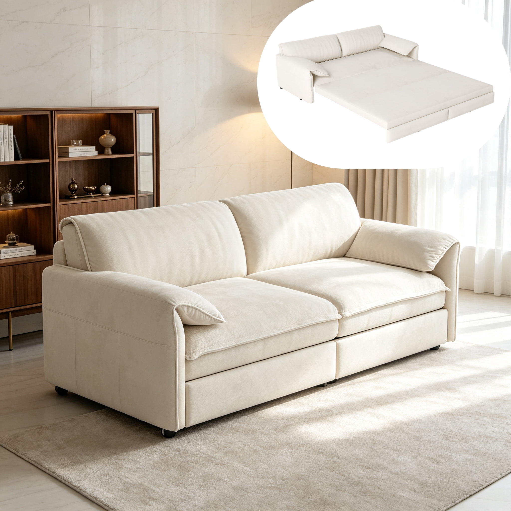 3-in-1 Queen Pull Out Sofa Bed, 66" Velvet Convertible Sleeper Couch with Deep Seat & Storage Pocket, Modern Folding Futon Sofa Bed, Beige