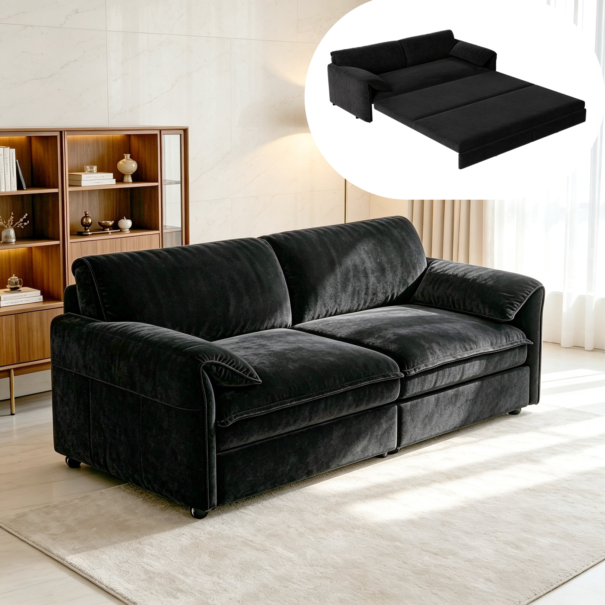 3-in-1 Queen Pull Out Sofa Bed, 66" Velvet Convertible Sleeper Couch with Deep Seat & Storage Pocket, Modern Folding Futon Sofa Bed, Black