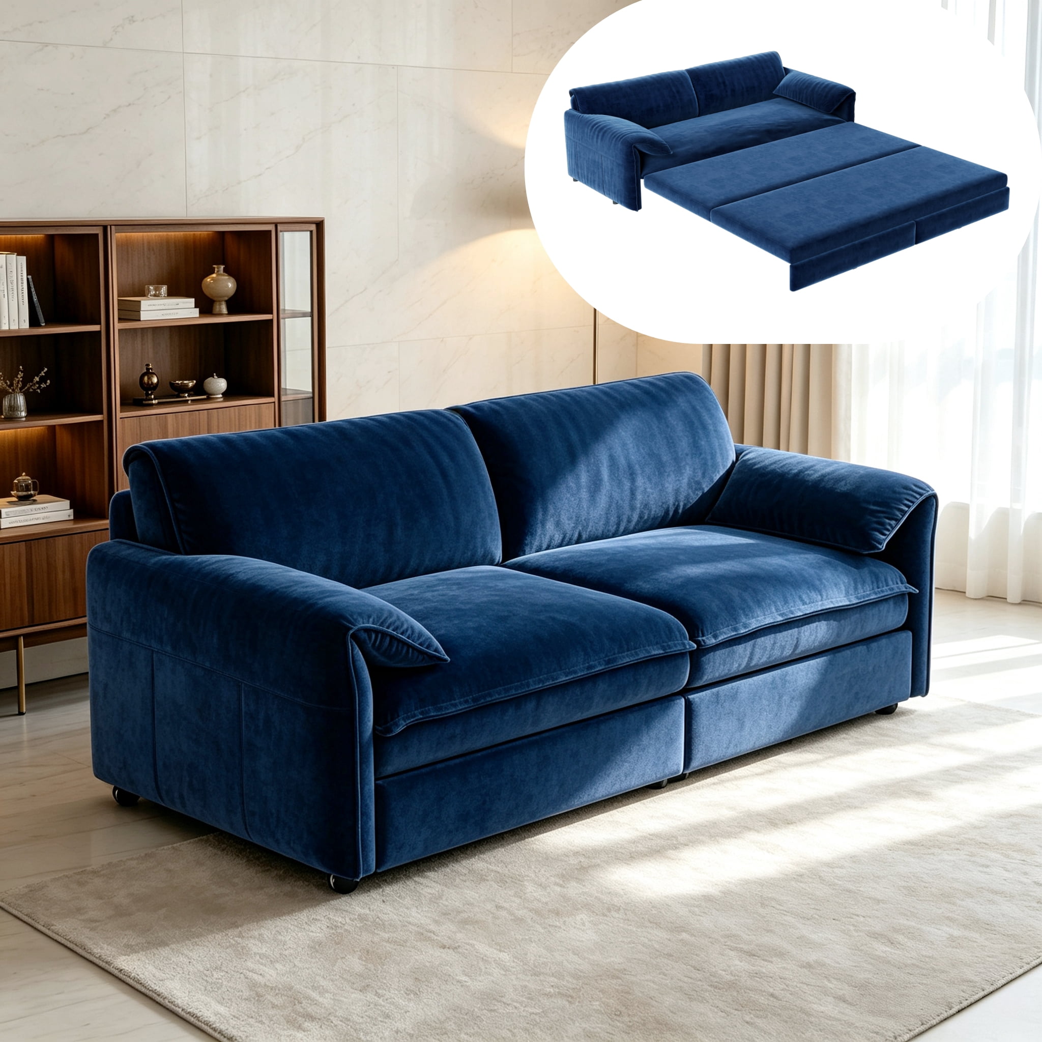 3-in-1 Queen Pull Out Sofa Bed, 66" Velvet Convertible Sleeper Couch with Deep Seat & Storage Pocket, Modern Folding Futon Sofa Bed, Blue