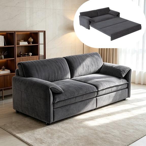 3-in-1 Queen Pull Out Sofa Bed, 66" Velvet Convertible Sleeper Couch with Deep Seat & Storage Pocket, Modern Folding Futon Sofa Bed, Dark Gray
