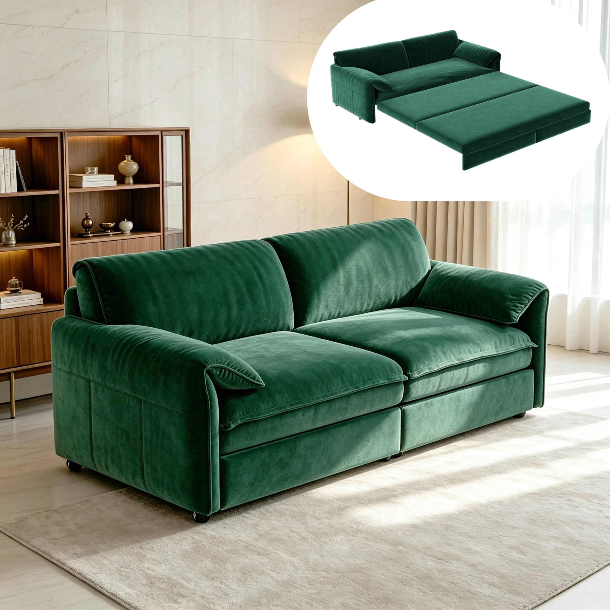3-in-1 Queen Pull Out Sofa Bed, 66" Velvet Convertible Sleeper Couch with Deep Seat & Storage Pocket, Modern Folding Futon Sofa Bed, Green