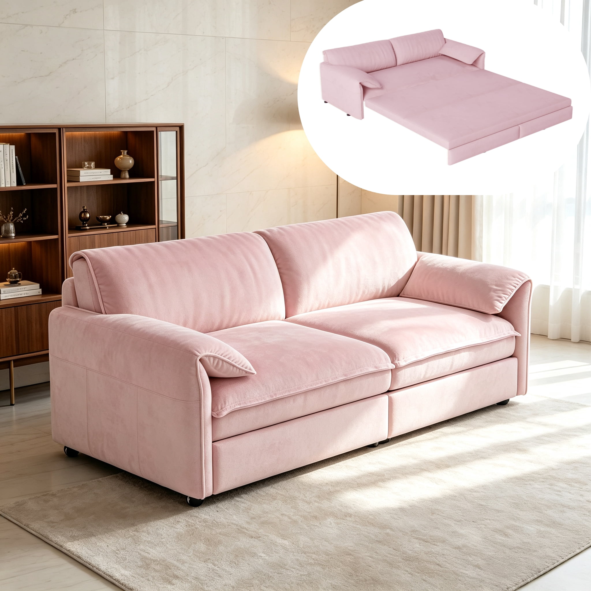 3-in-1 Queen Pull Out Sofa Bed, 66" Velvet Convertible Sleeper Couch with Deep Seat & Storage Pocket, Modern Folding Futon Sofa Bed, Pink