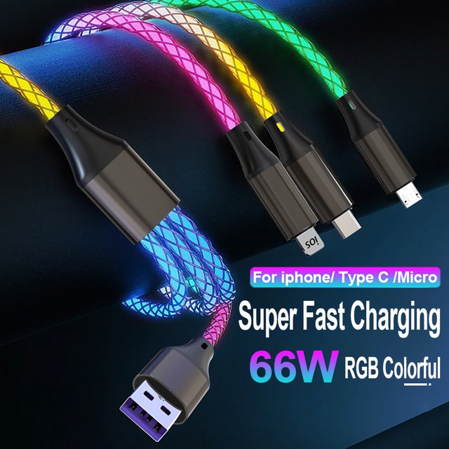 B-SPIN 3-in-1 RGB Fast Charging Cable – 66W 6A, LED Glow, USB-C/Micro/USB, Aluminium, 1.2m/1.8m