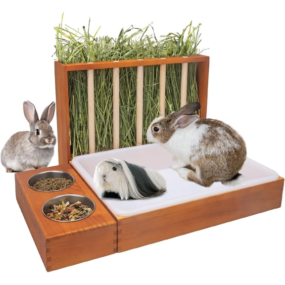 3-in-1 Rabbit Hay Feeder with Litter Box,Upgraded Rot Resistant Rreatment Wooden Hay Feeder with 2 Bowls & Litter Box for Guinea Pigs,Chinchillas,Rabbits & Other Small Animals,Waste Prevention