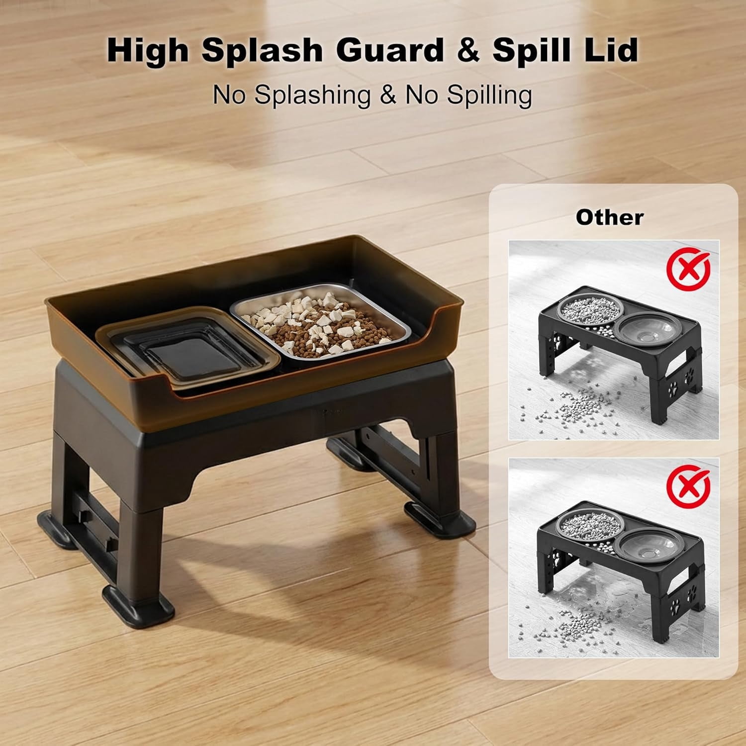 3-in-1 Raised Dog Bowl - 6 Height Adjustable Elevated Dog Bowls, Double Deck Design Mess Proof, Feeding Station with 2L No Spill Stainless Steel Bowls & Licking Plate for Medium Large Pets