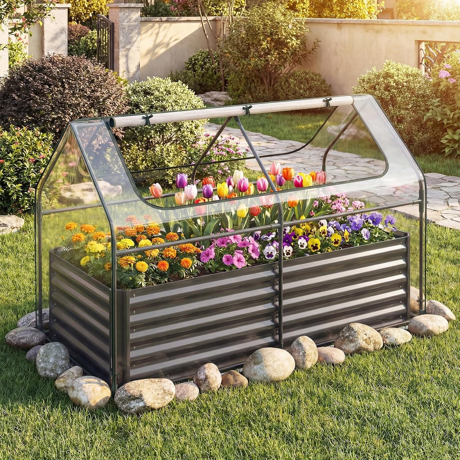 3-in-1 Raised Garden Bed with Greenhouse Cover, 6FT x 3FT x 4FT Galvanized Bottomless Planter Box Kit with Dual Roll-Up Screen Windows, Outdoor Mini Greenhouse for Vegetables (Black & Clear)