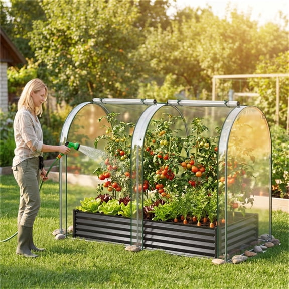 3-in-1 Raised Garden Bed with Greenhouse Cover 130 Gal Galvanized Metal Planter Box Black